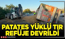 Patates yüklü tır refüje devrildi
