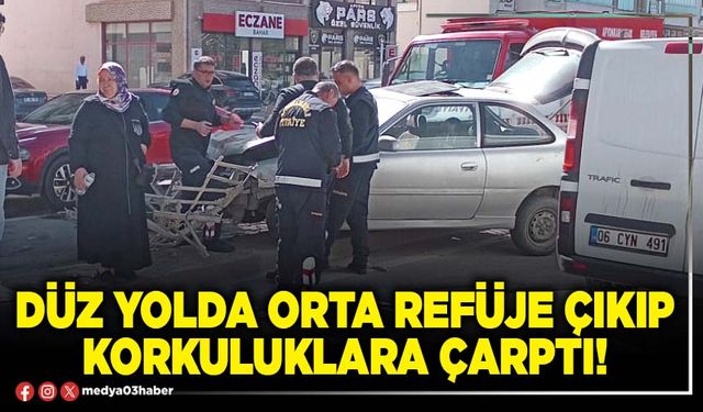 Düz yolda orta refüje çıkıp korkuluklara çarptı!