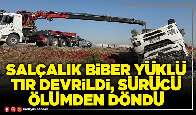 Salçalık biber yüklü tır devrildi, sürücü ölümden döndü