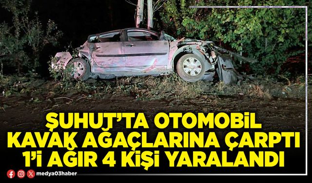 Şuhut’ta otomobil kavak ağaçlarına çarptı 1’i ağır 4 kişi yaralandı