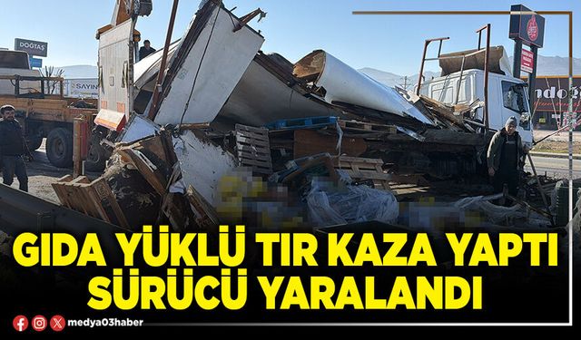 Gıda yüklü tır kaza yaptı sürücü yaralandı