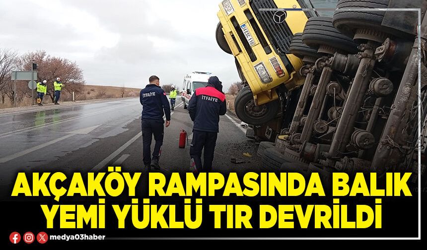 Akçaköy rampasında balık yemi yüklü tır devrildi