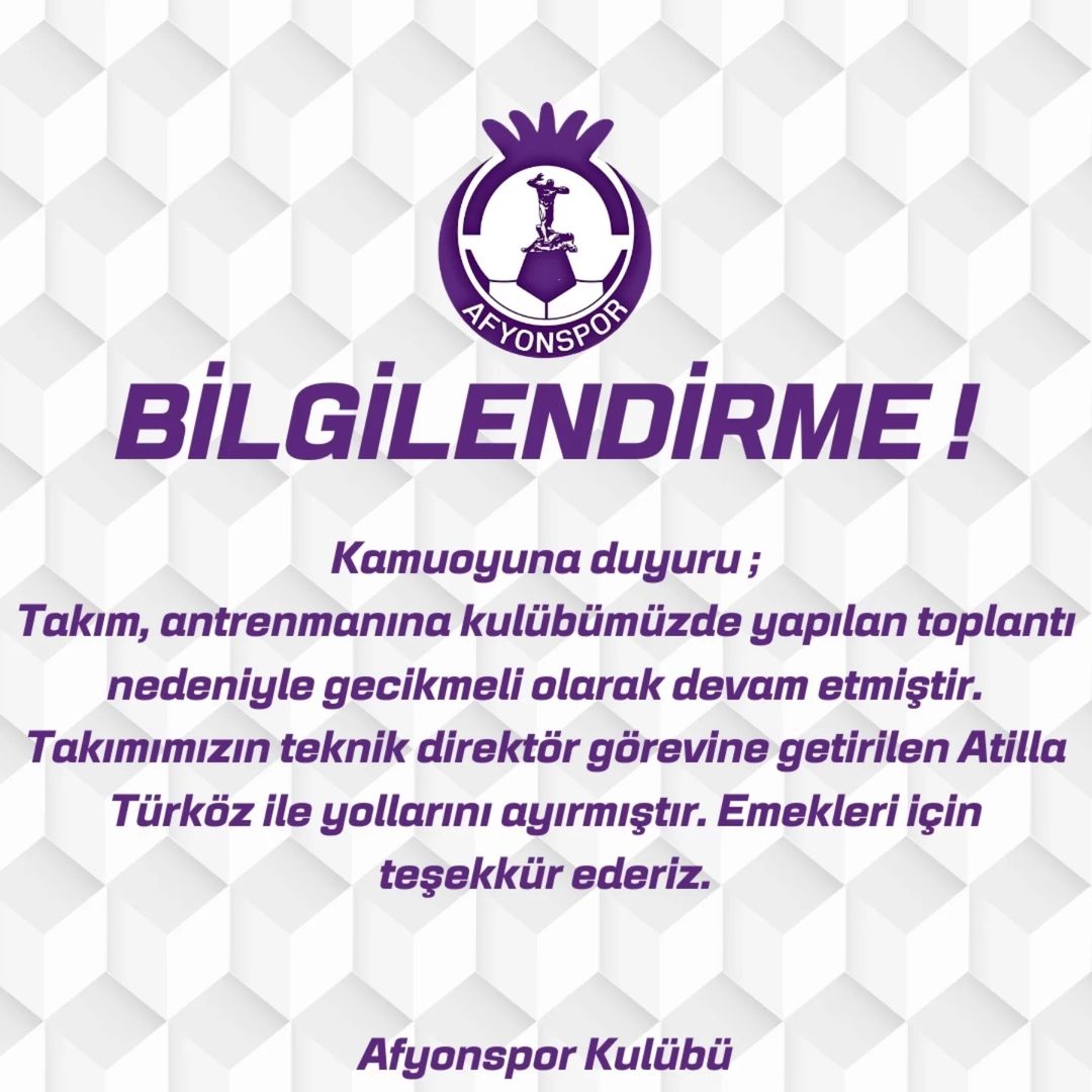 Kamuoyuna Duyuru;Takım, Antrenmanına Kulübümüzde Yapılan Toplantı Nedeniyle Gecikmeli Olarak Devam Etmiştir. Takımımızın Teknik Direktör Görevine Getirilen Atilla Türköz Ile Yollarını Ayırmıştır. Emekleri Için Teşekk