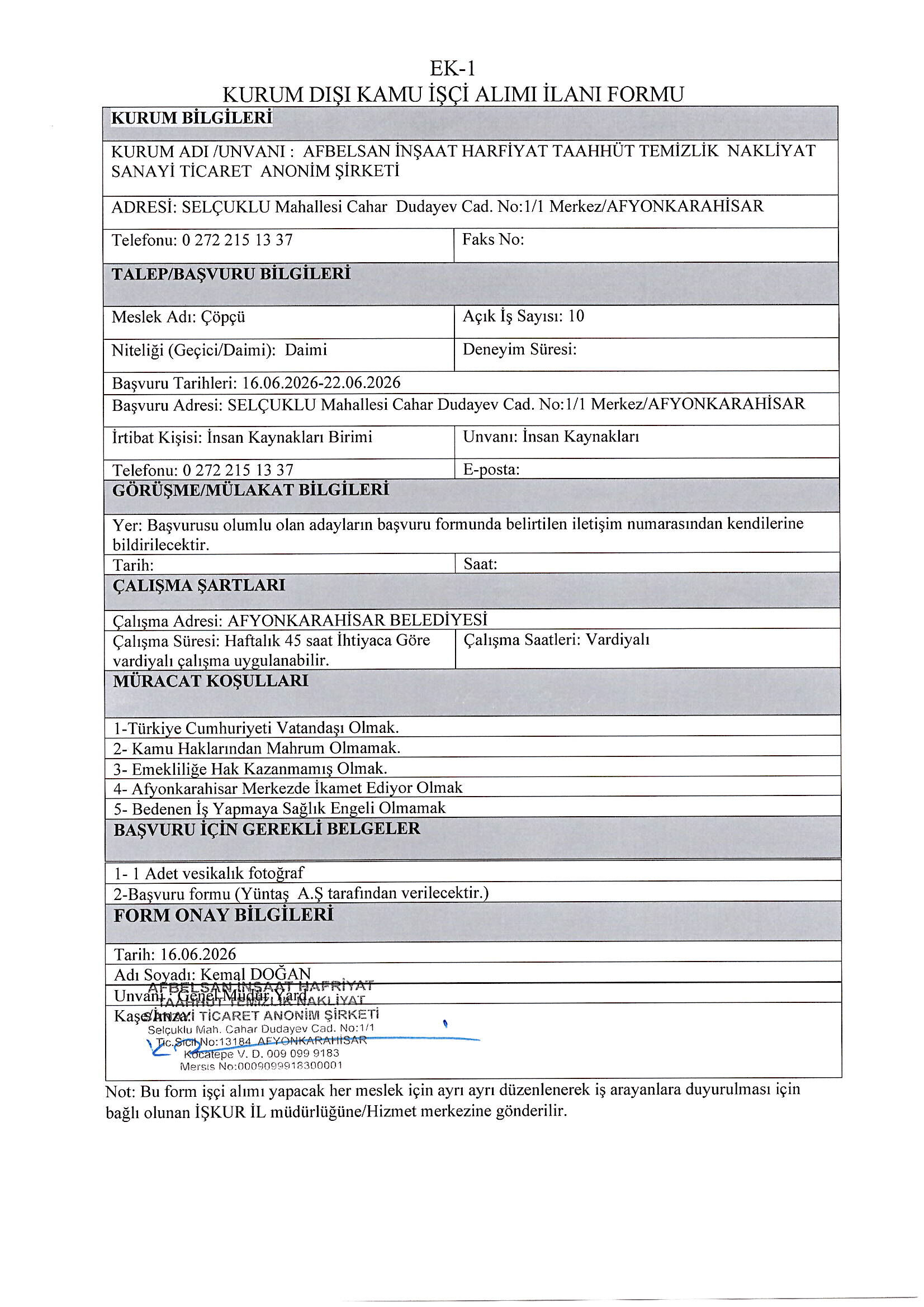 Afyonkarahisar Afbelsan Inşaat Hafriyat Taahhuet Temizlik Nakliyat Sanayi Ticaret Anonim Şirketi 22062026 Copy
