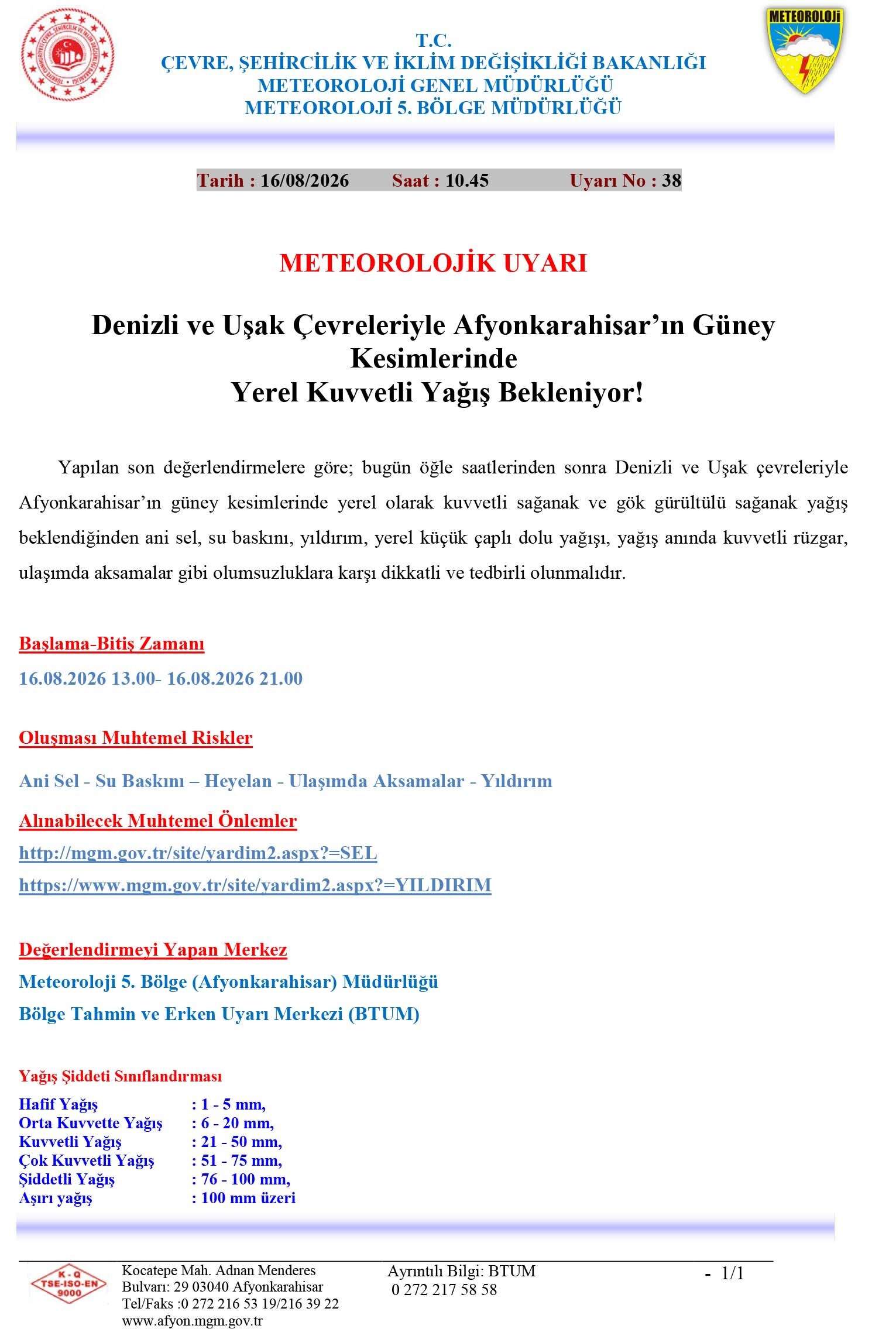 Kuvvetli Yağış Uyarısı 16.08.2026 1